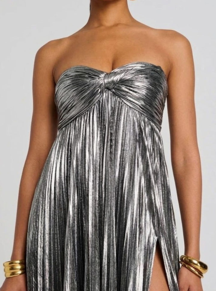 Aria | Women's Strapless Twisted-Bodice Pleated Metallic Maxi Dress High Slit