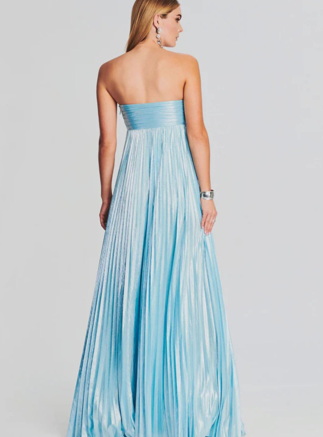 Aria | Women's Strapless Twisted-Bodice Pleated Metallic Maxi Dress High Slit