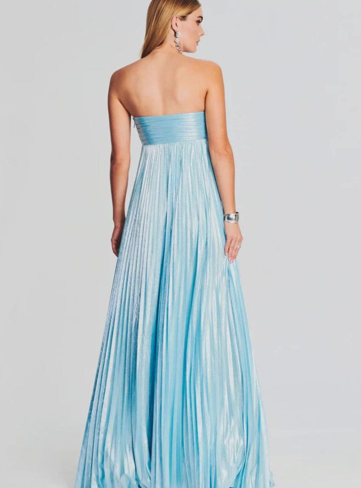 Aria | Women's Strapless Twisted-Bodice Pleated Metallic Maxi Dress High Slit