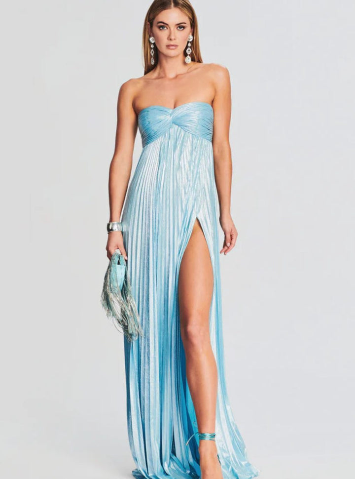 Aria | Women's Strapless Twisted-Bodice Pleated Metallic Maxi Dress High Slit