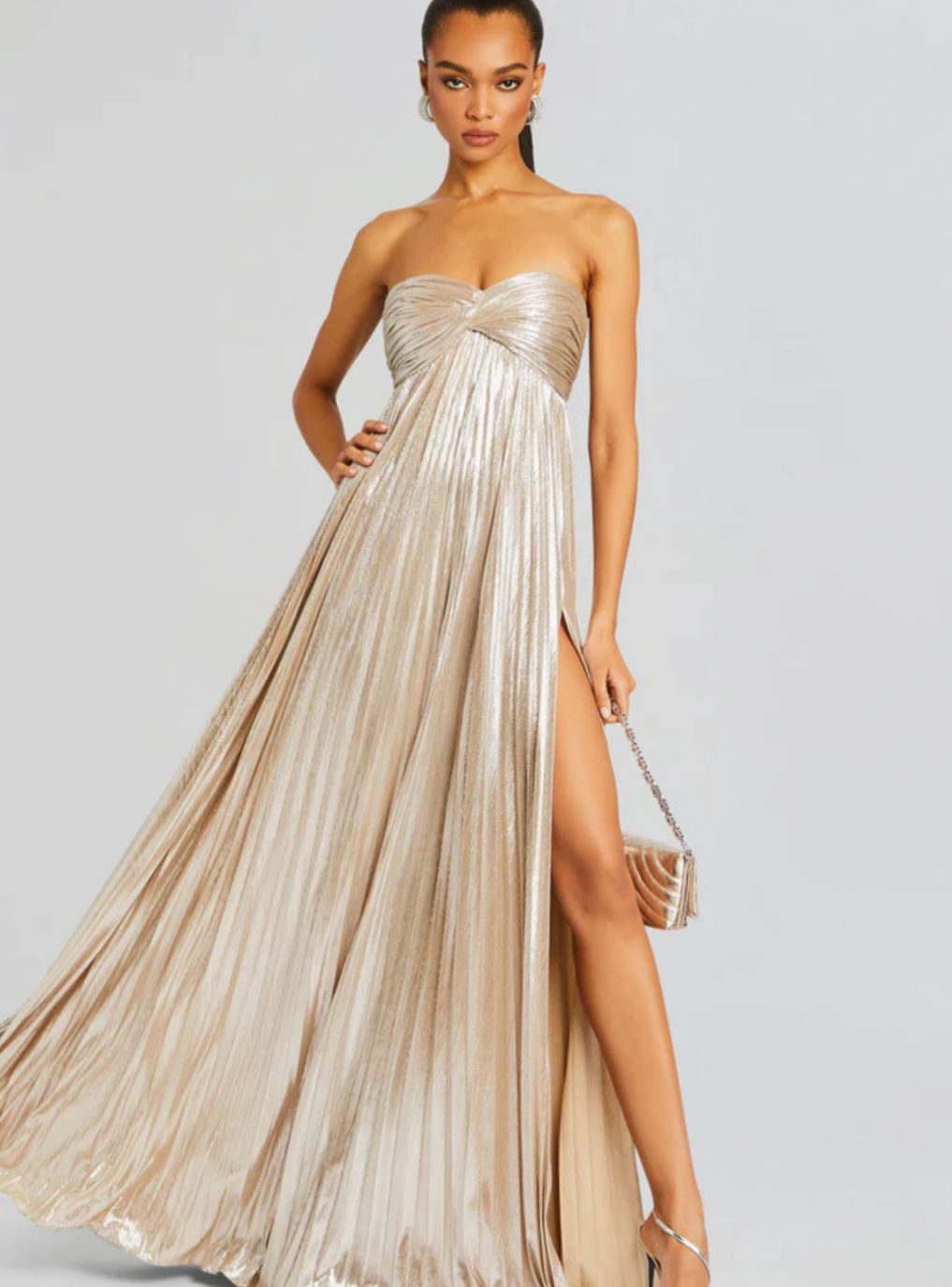 Aria | Women's Strapless Twisted-Bodice Pleated Metallic Maxi Dress High Slit