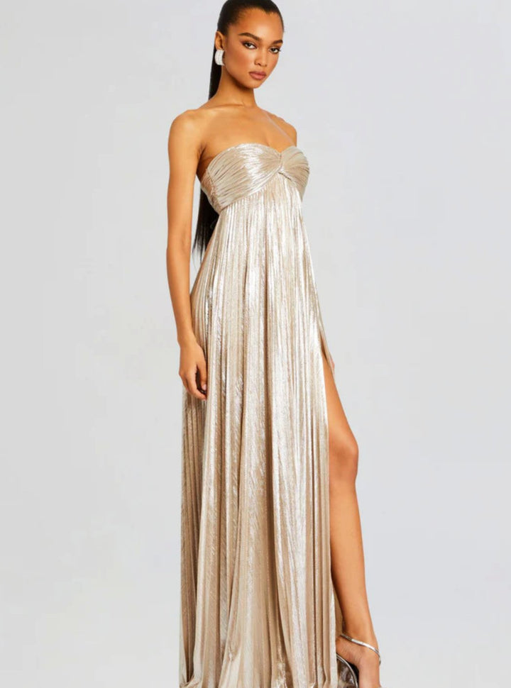 Aria | Women's Strapless Twisted-Bodice Pleated Metallic Maxi Dress High Slit