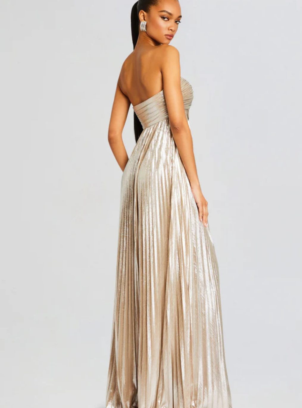 Aria | Women's Strapless Twisted-Bodice Pleated Metallic Maxi Dress High Slit