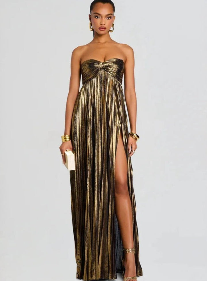 Aria | Women's Strapless Twisted-Bodice Pleated Metallic Maxi Dress High Slit