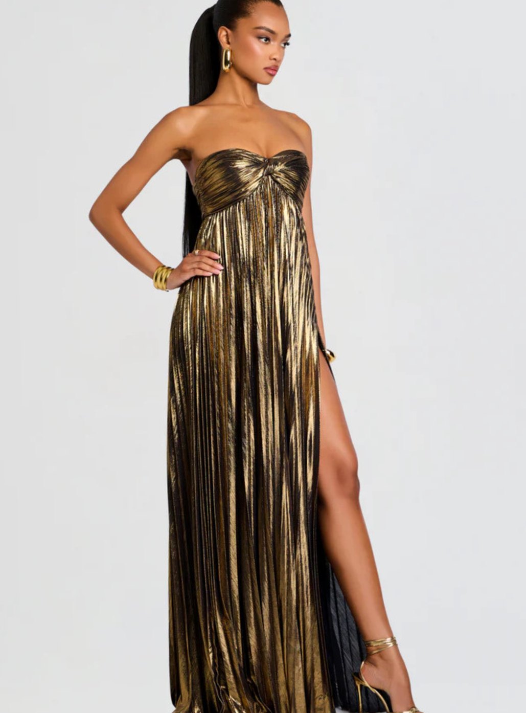 Aria | Women's Strapless Twisted-Bodice Pleated Metallic Maxi Dress High Slit