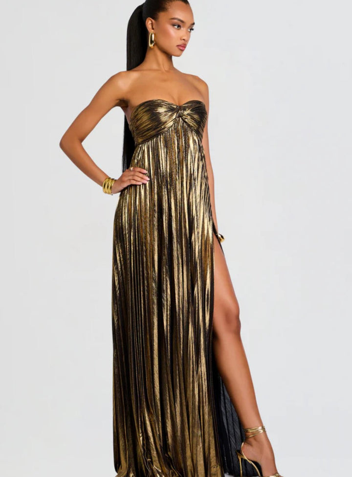 Aria | Women's Strapless Twisted-Bodice Pleated Metallic Maxi Dress High Slit