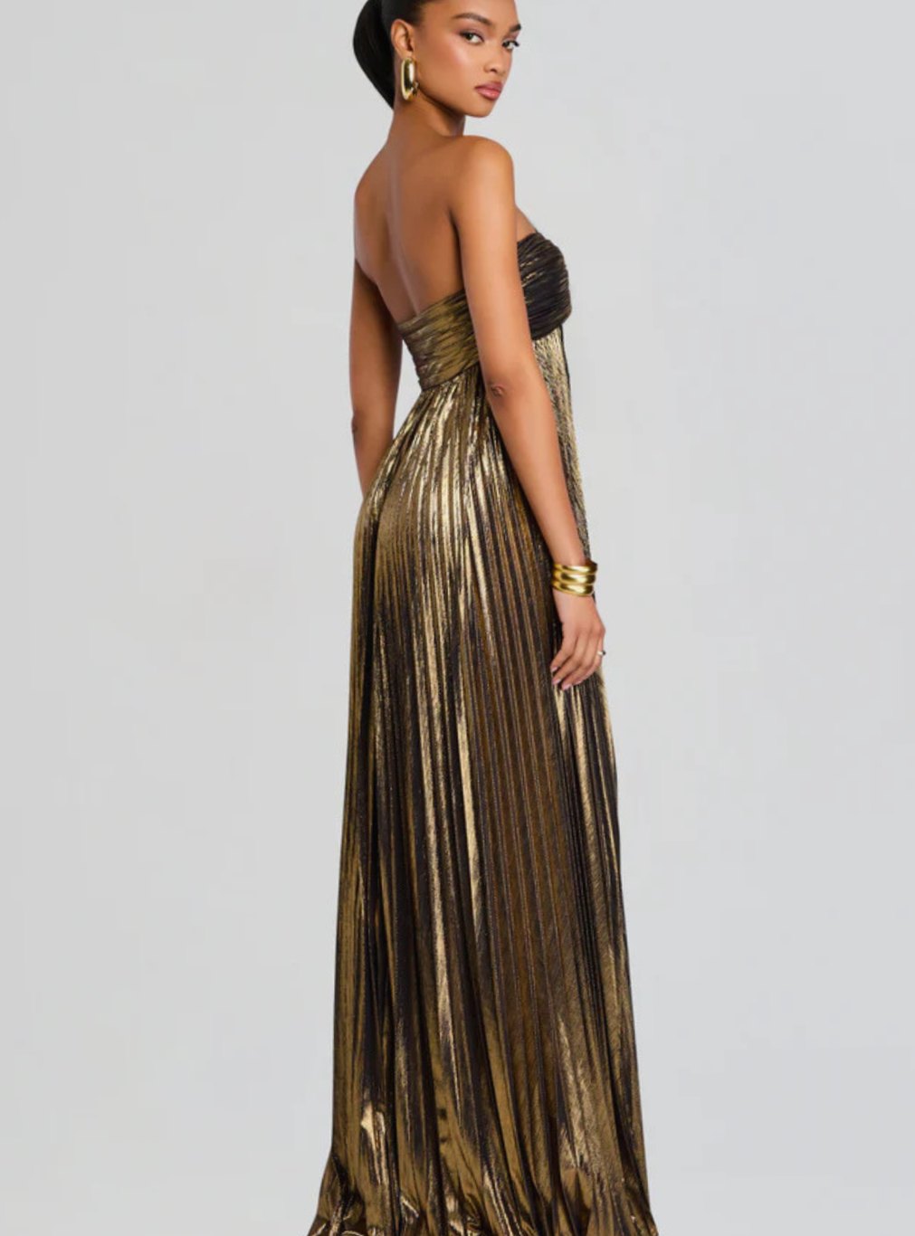 Aria | Women's Strapless Twisted-Bodice Pleated Metallic Maxi Dress High Slit
