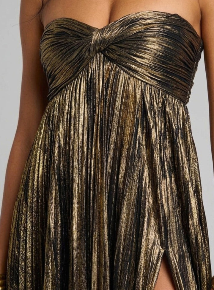 Aria | Women's Strapless Twisted-Bodice Pleated Metallic Maxi Dress High Slit
