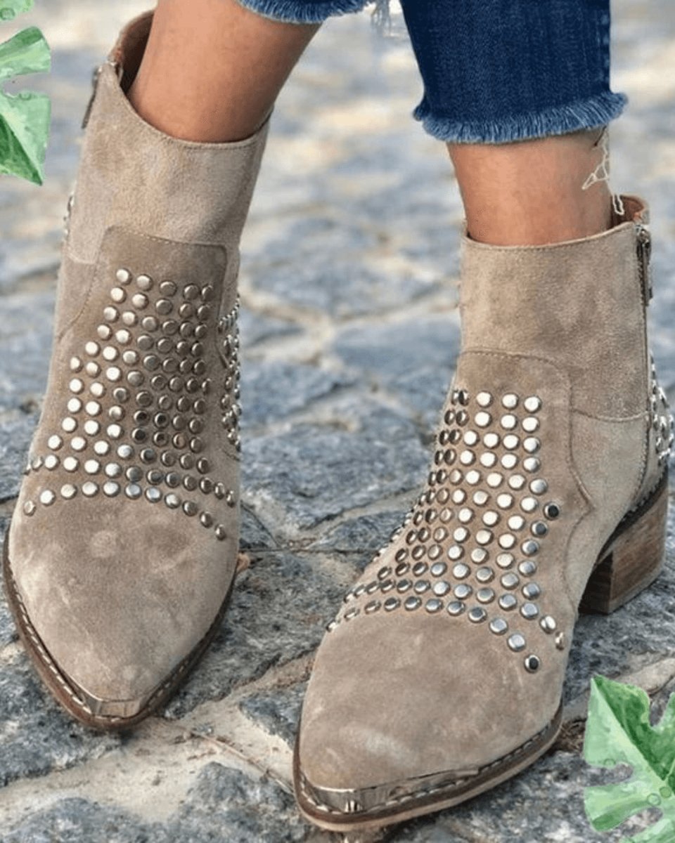 Mia | Women's Studded Suede Side-Zip Block-Heel Ankle Boots