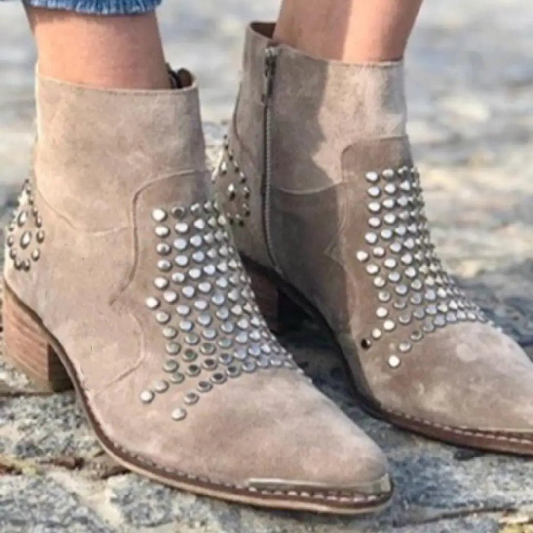 Mia | Women's Studded Suede Side-Zip Block-Heel Ankle Boots