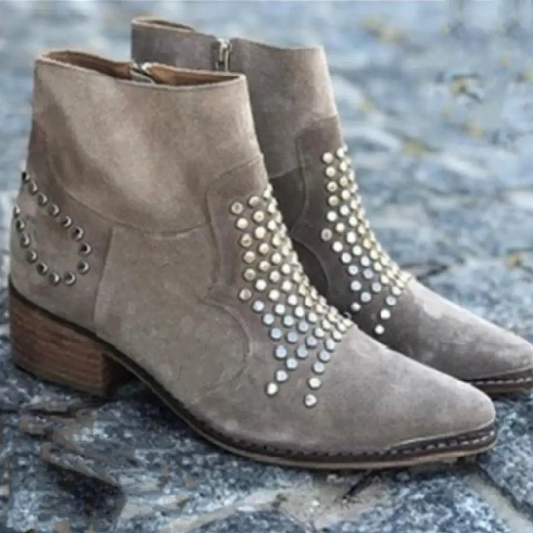 Mia | Women's Studded Suede Side-Zip Block-Heel Ankle Boots