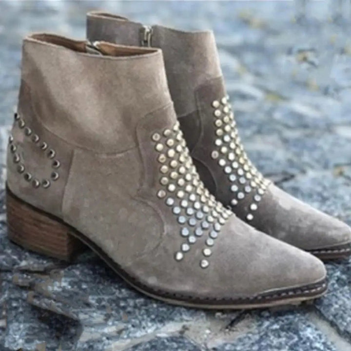 Mia | Women's Studded Suede Side-Zip Block-Heel Ankle Boots