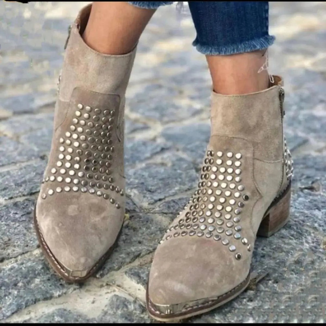 Mia | Women's Studded Suede Side-Zip Block-Heel Ankle Boots