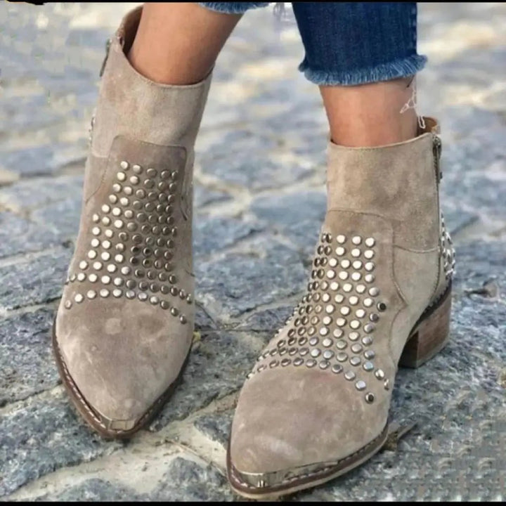 Mia | Women's Studded Suede Side-Zip Block-Heel Ankle Boots