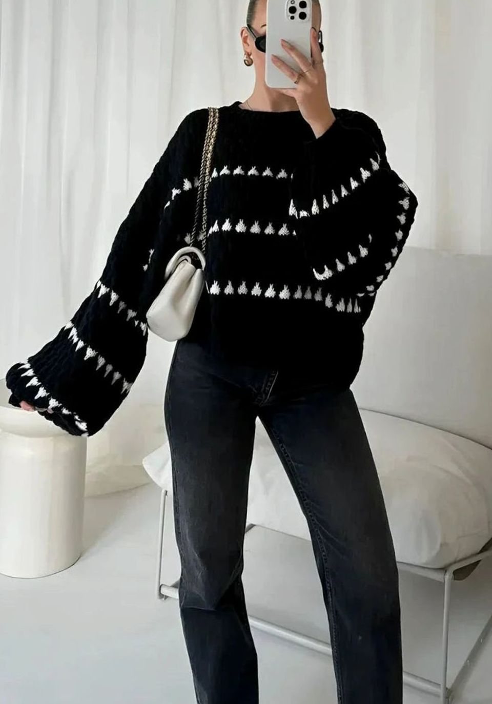 Evelyn | Women's Textured Knit Crewneck Sweater Geometric Striped