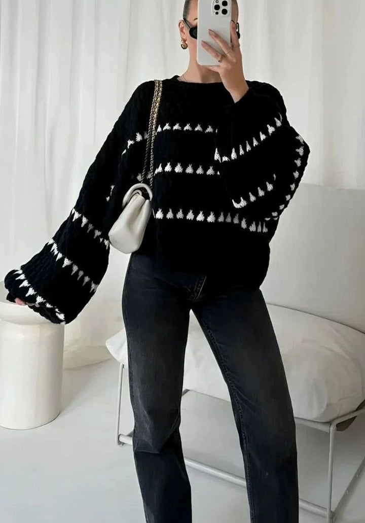 Evelyn | Women's Textured Knit Crewneck Sweater Geometric Striped