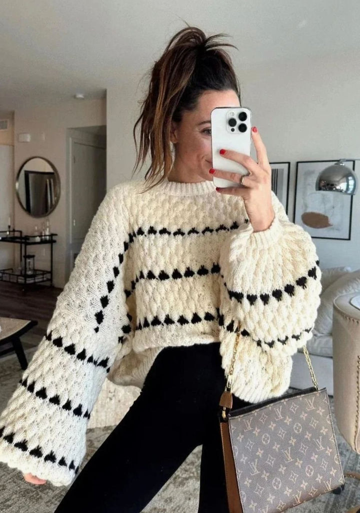 Evelyn | Women's Textured Knit Crewneck Sweater Geometric Striped