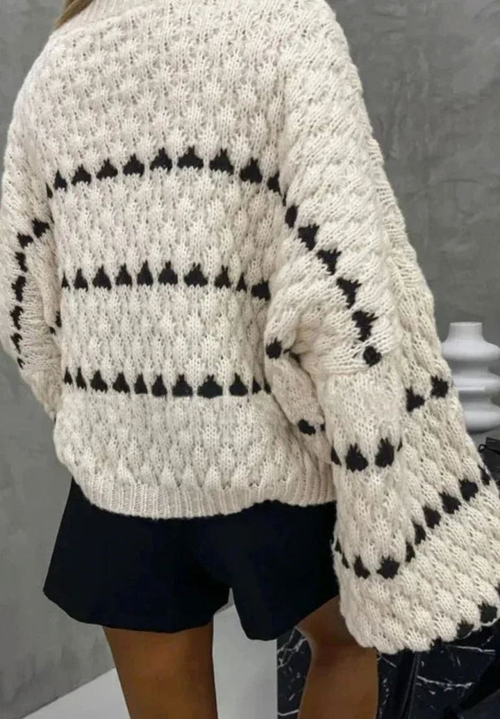 Evelyn | Women's Textured Knit Crewneck Sweater Geometric Striped