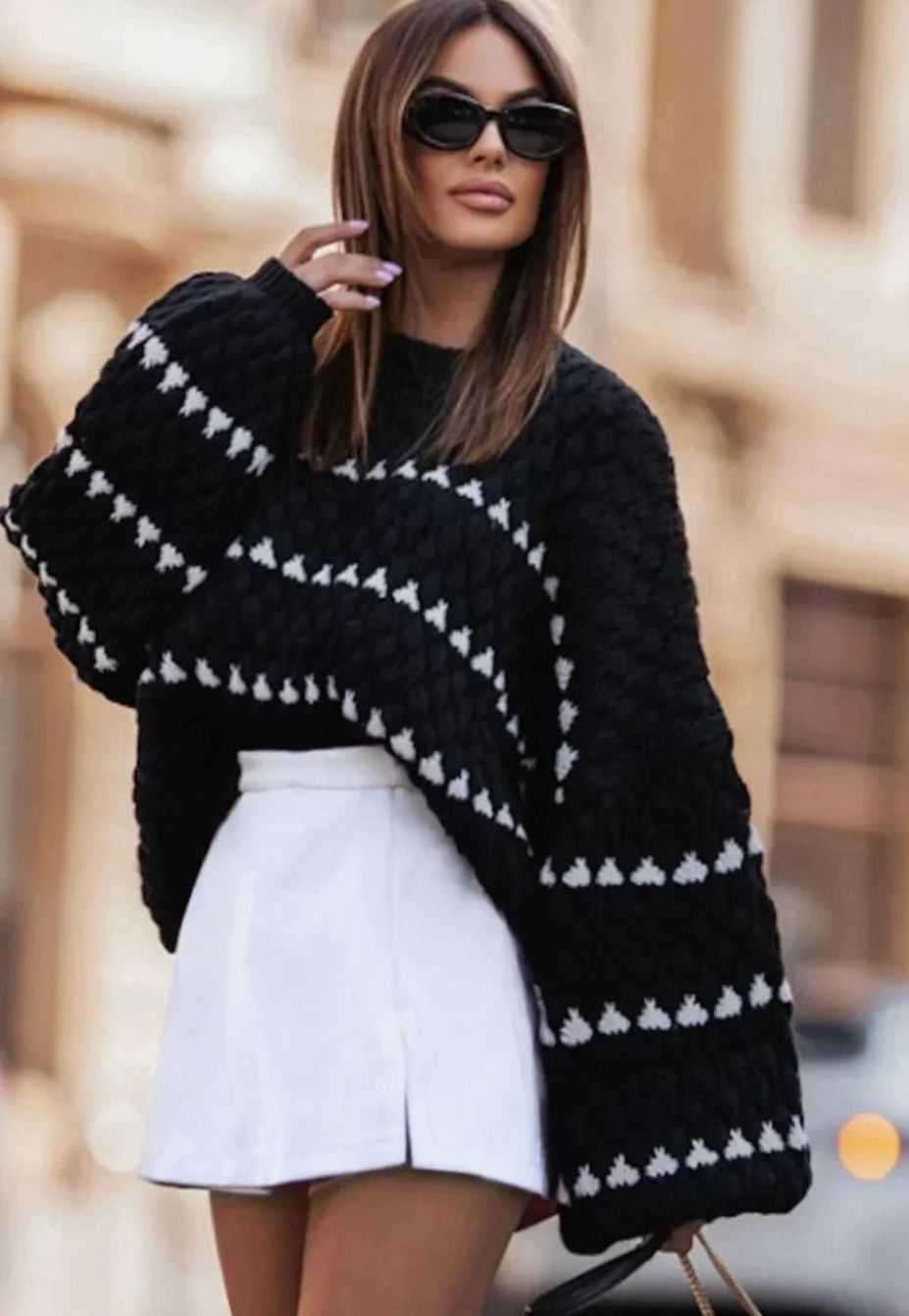Evelyn | Women's Textured Knit Crewneck Sweater Geometric Striped
