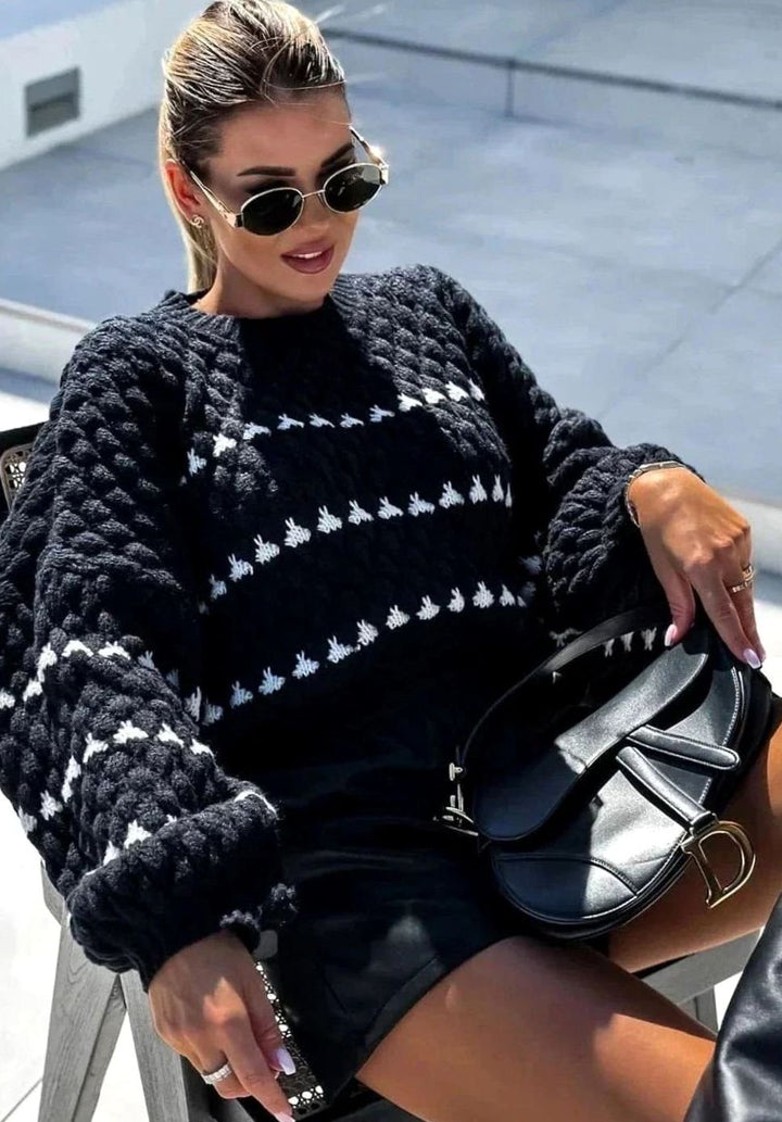 Evelyn | Women's Textured Knit Crewneck Sweater Geometric Striped