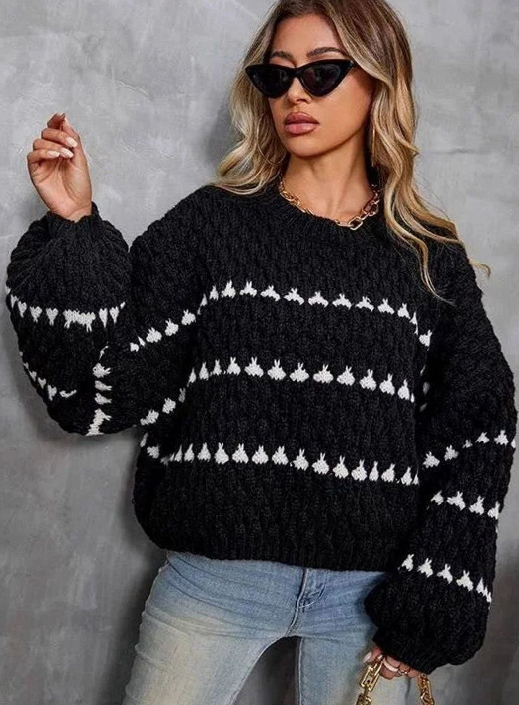 Evelyn | Women's Textured Knit Crewneck Sweater Geometric Striped