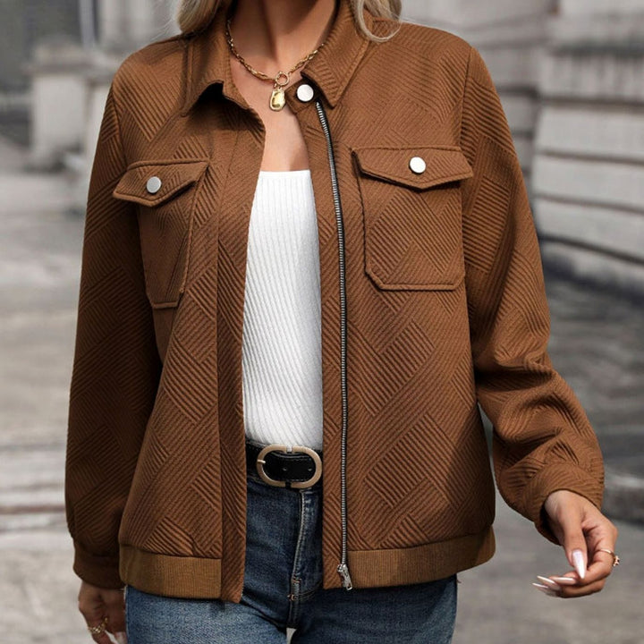 Nora | Women's Textured Zip-Up Long-Sleeve Bomber Jacket Chest Pockets