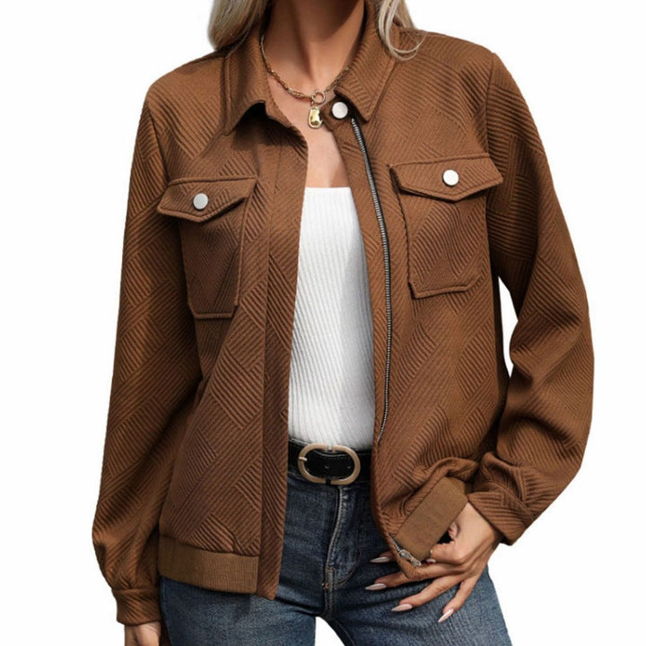 Nora | Women's Textured Zip-Up Long-Sleeve Bomber Jacket Chest Pockets
