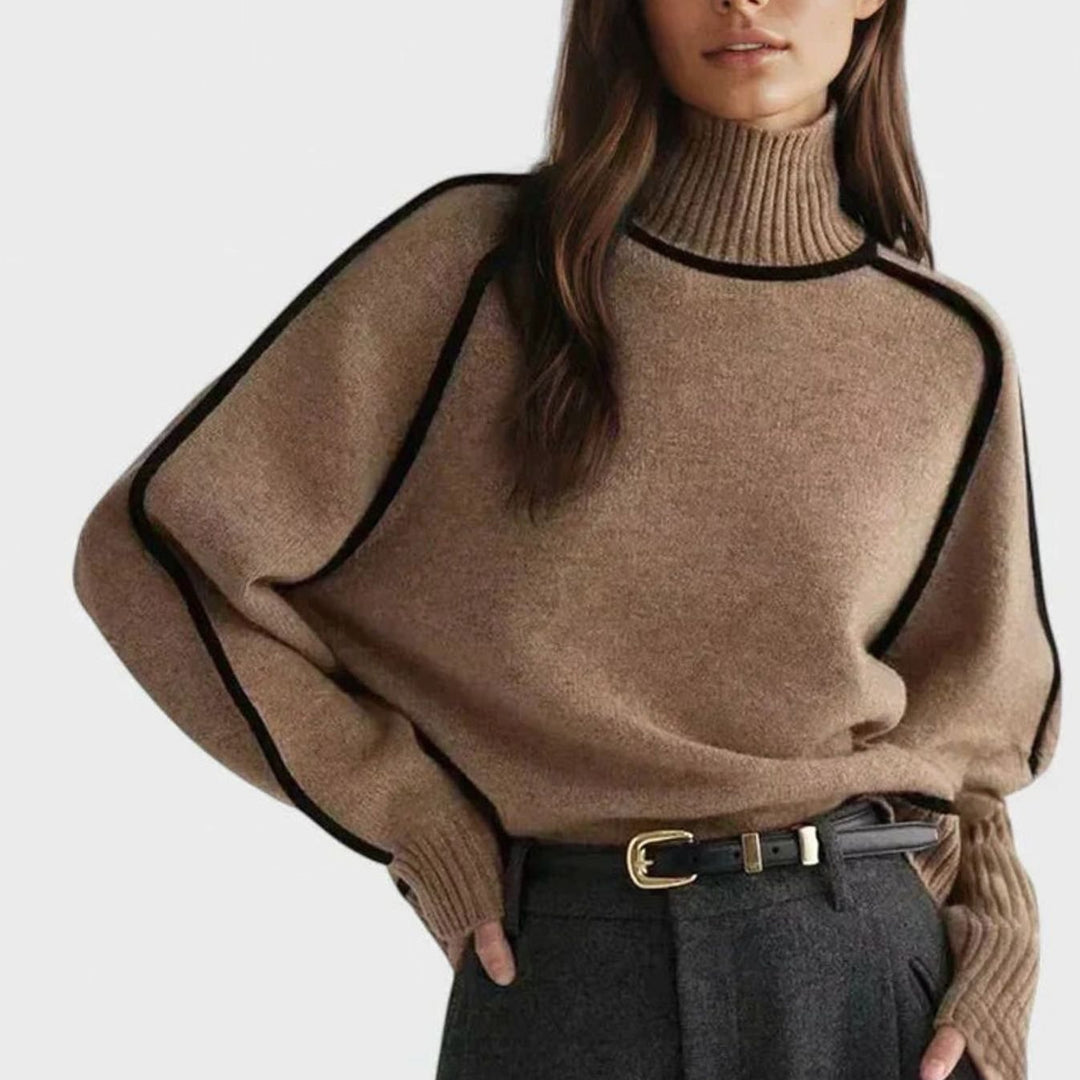 Nora | Women's Turtleneck Raglan-Sleeve Contrast-Trim Knit Sweater