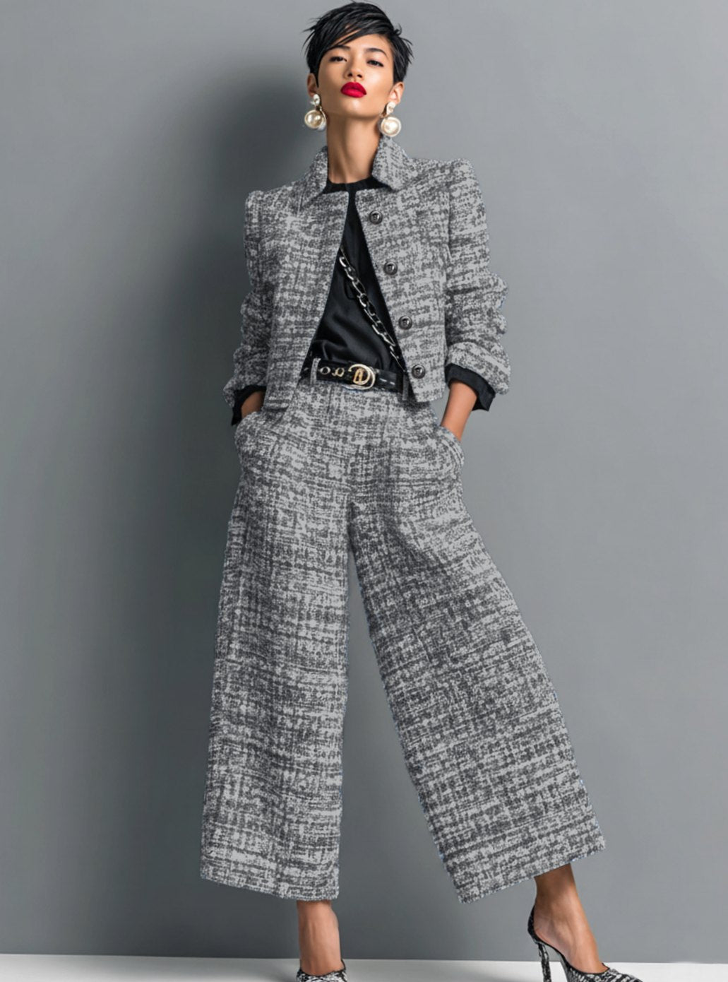 Lily | Women's Tweed Wide-Leg Cropped Pants Blazer Two-Piece Set