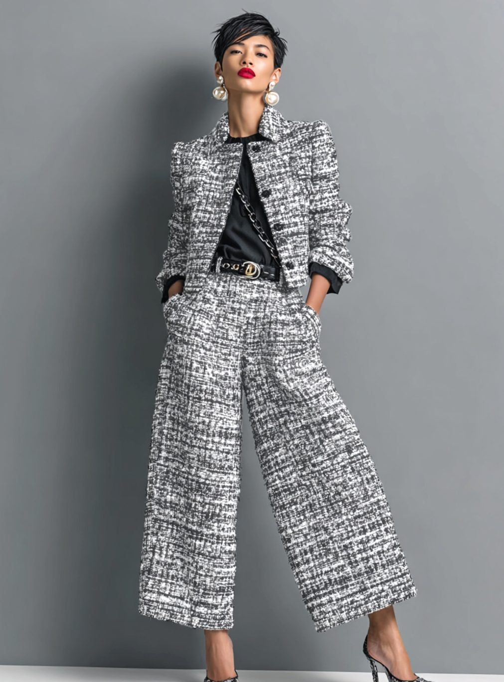 Lily | Women's Tweed Wide-Leg Cropped Pants Blazer Two-Piece Set
