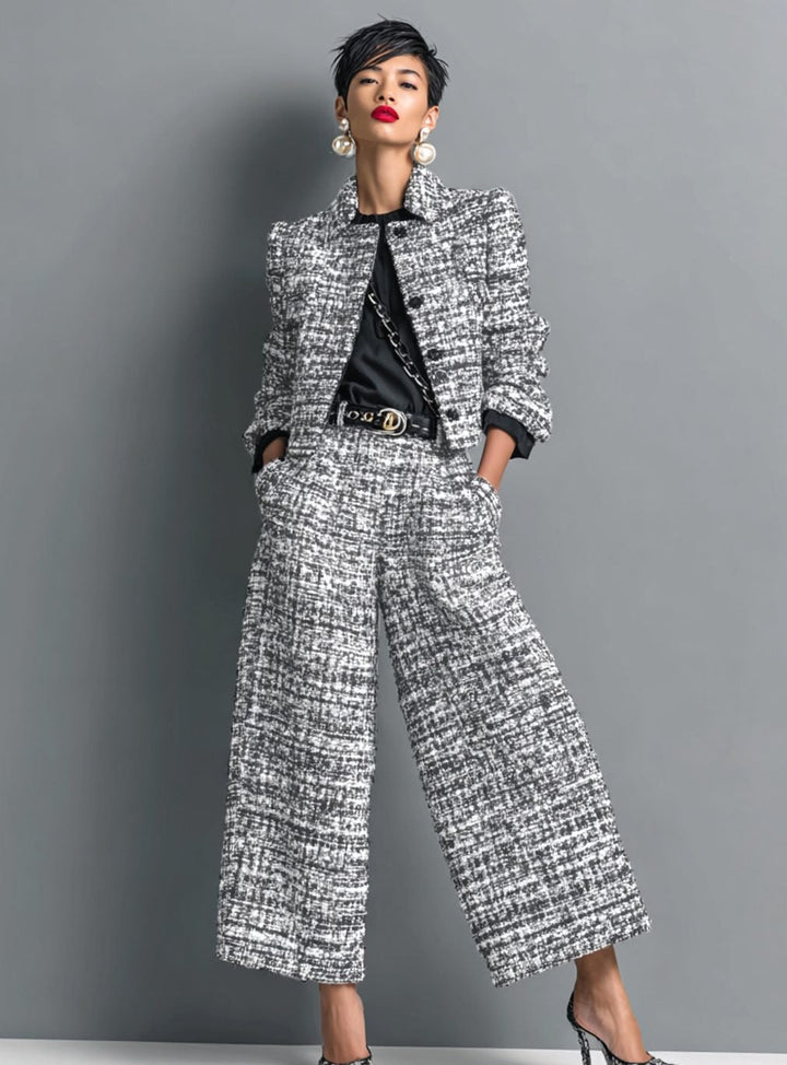 Lily | Women's Tweed Wide-Leg Cropped Pants Blazer Two-Piece Set