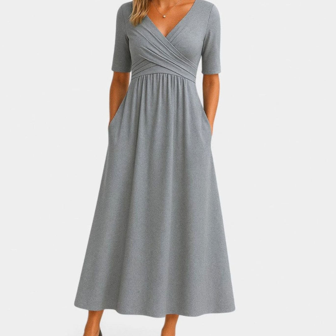 Lily | Women's V-Neck Cross-Front A-Line Midi Summer Dress Pockets
