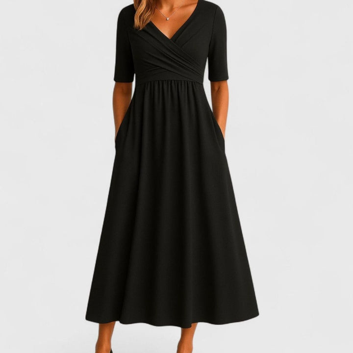 Lily | Women's V-Neck Cross-Front A-Line Midi Summer Dress Pockets