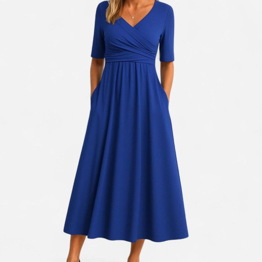 Lily | Women's V-Neck Cross-Front A-Line Midi Summer Dress Pockets