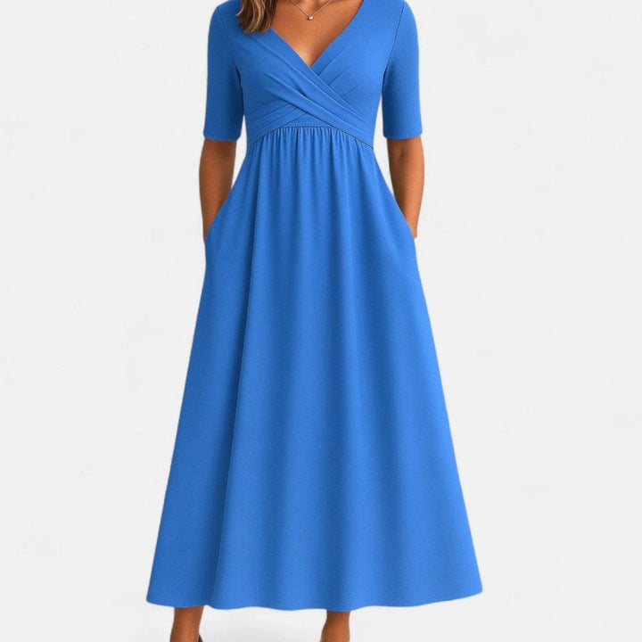 Lily | Women's V-Neck Cross-Front A-Line Midi Summer Dress Pockets