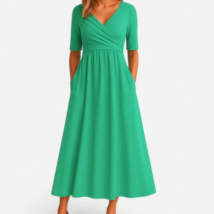 Lily | Women's V-Neck Cross-Front A-Line Midi Summer Dress Pockets