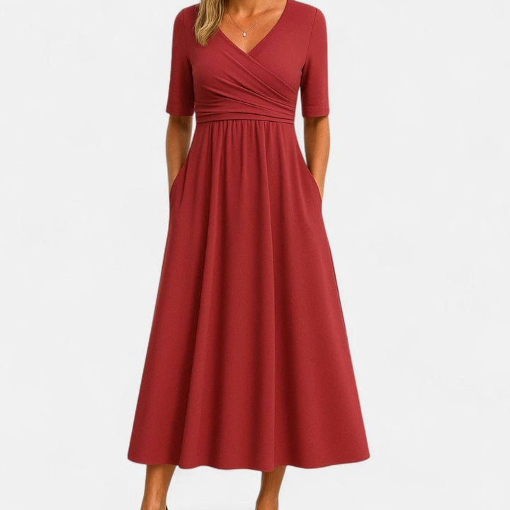 Lily | Women's V-Neck Cross-Front A-Line Midi Summer Dress Pockets