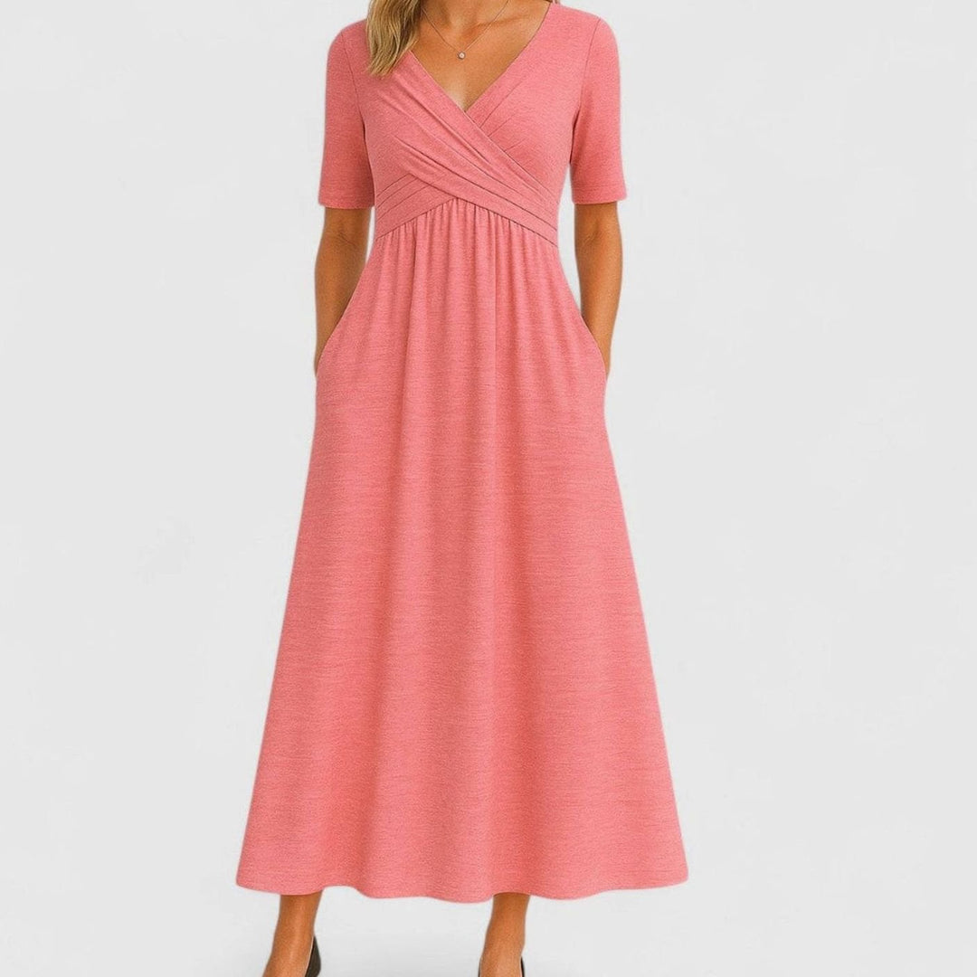 Lily | Women's V-Neck Cross-Front A-Line Midi Summer Dress Pockets