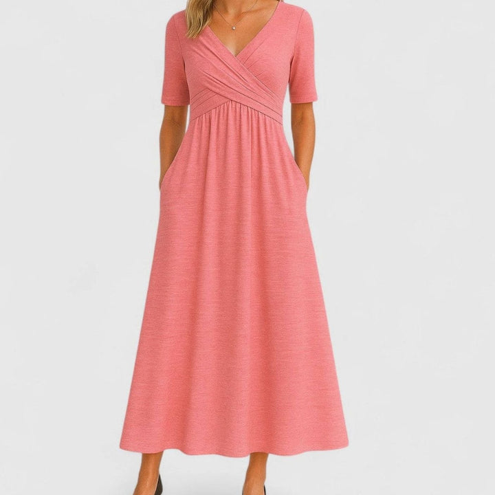 Lily | Women's V-Neck Cross-Front A-Line Midi Summer Dress Pockets
