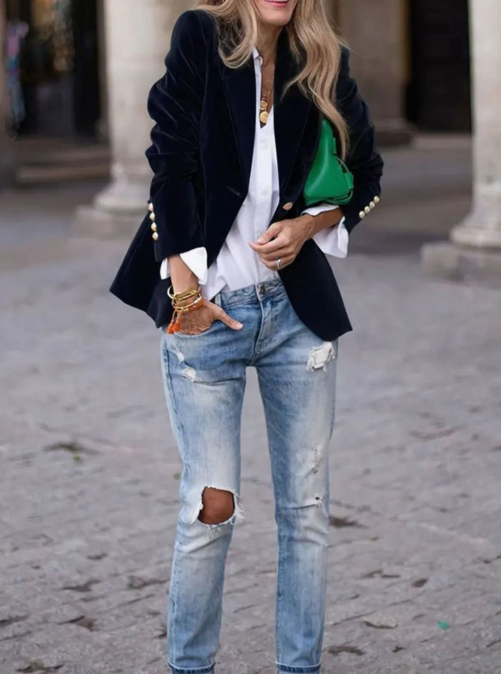 Penelope | Women's Velvet Gold-Button Structured Slim-Fit Blazer