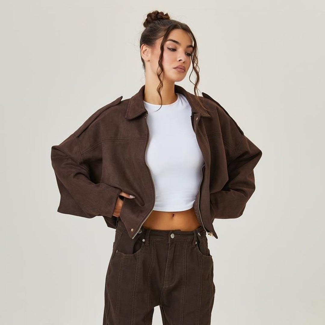 Ella | Women's Vintage-Inspired Faux Suede Oversized Bomber Jacket