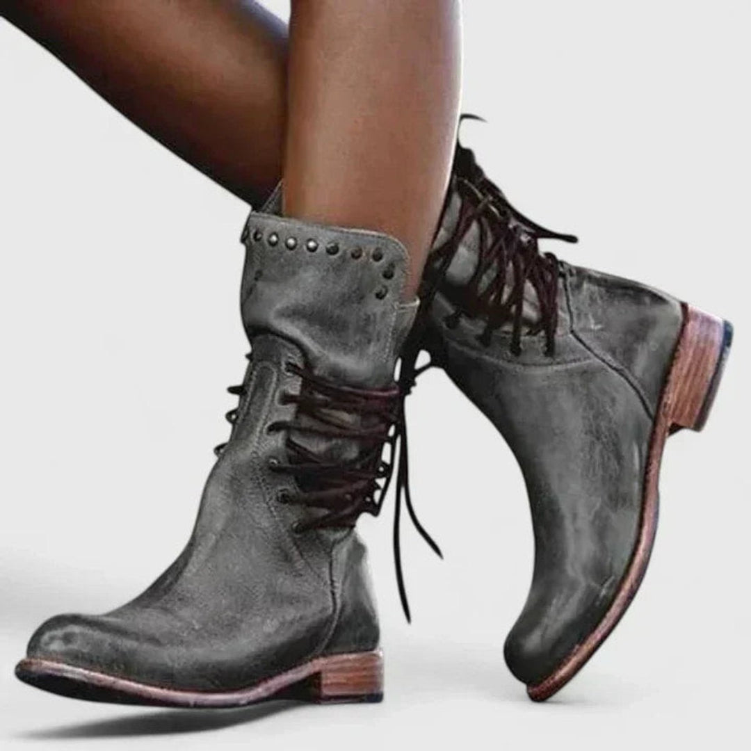 Hazel | Women's Vintage Lace-Up Studded Knee High Boots Block Heel