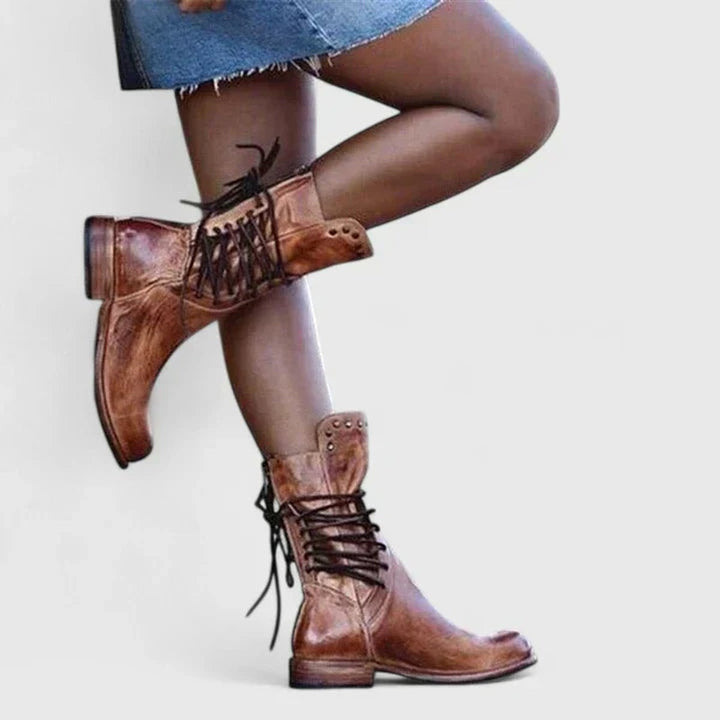 Hazel | Women's Vintage Lace-Up Studded Knee High Boots Block Heel