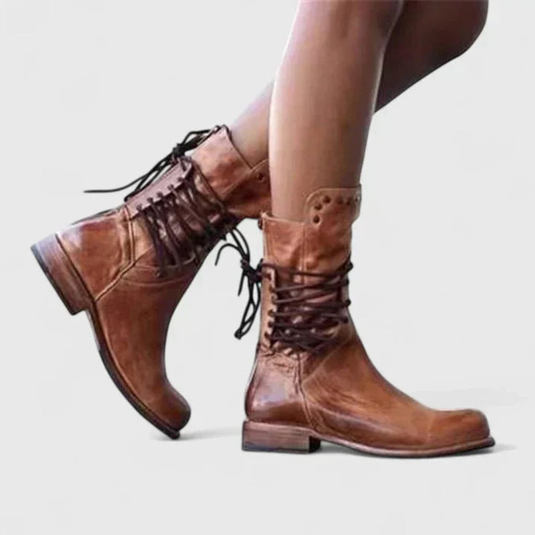 Hazel | Women's Vintage Lace-Up Studded Knee High Boots Block Heel