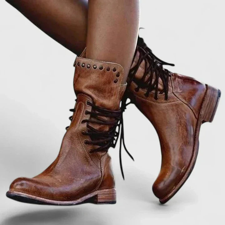 Hazel | Women's Vintage Lace-Up Studded Knee High Boots Block Heel