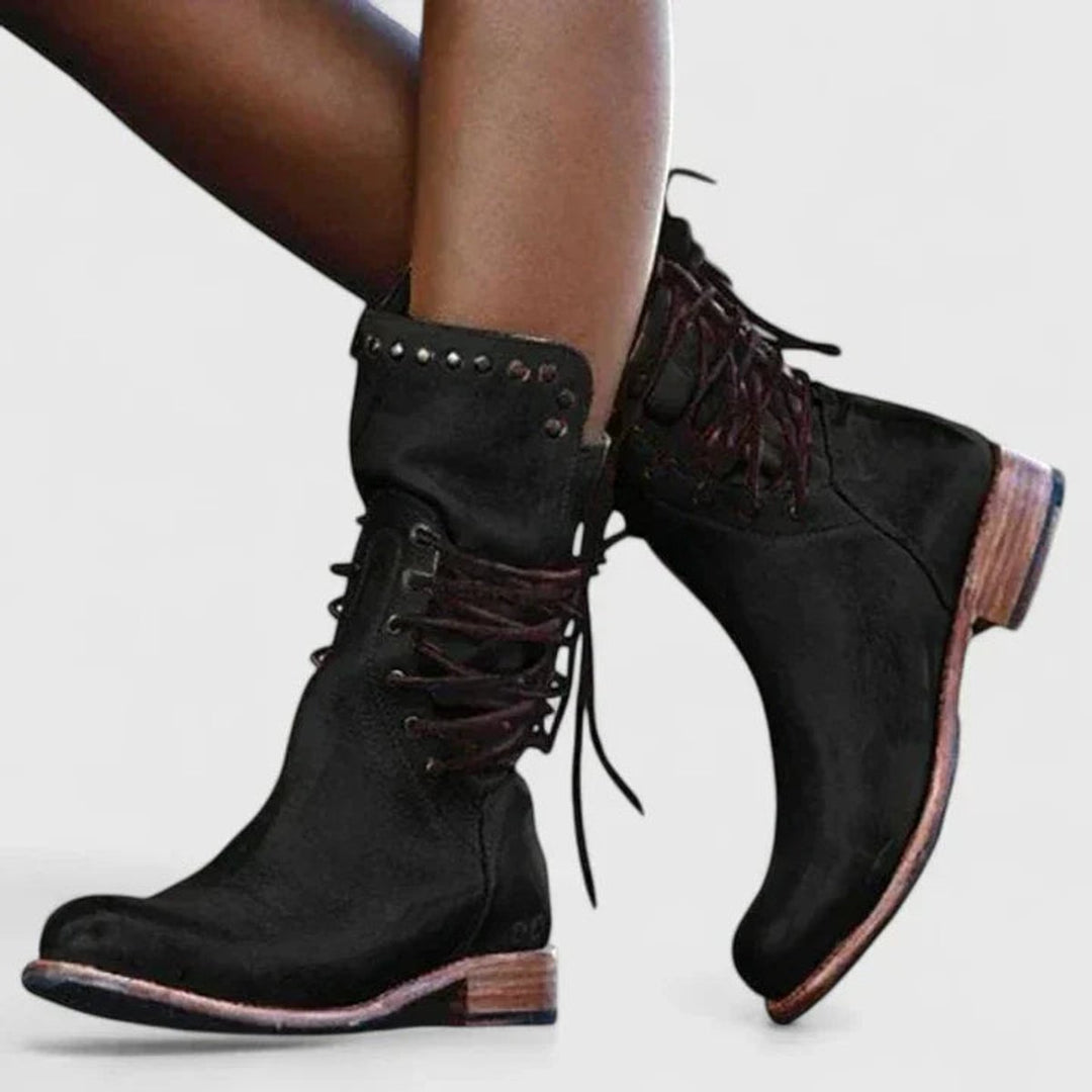 Hazel | Women's Vintage Lace-Up Studded Knee High Boots Block Heel