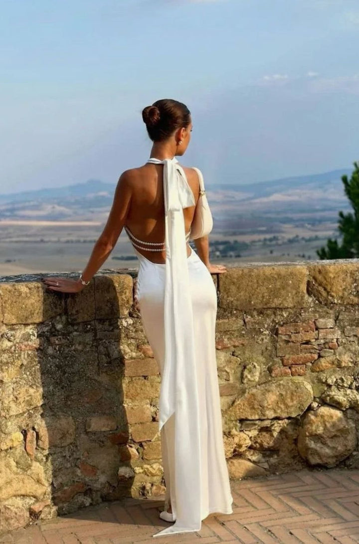 Isabella | Women's White Open-Back Pearl-Detail Halter Maxi Gown