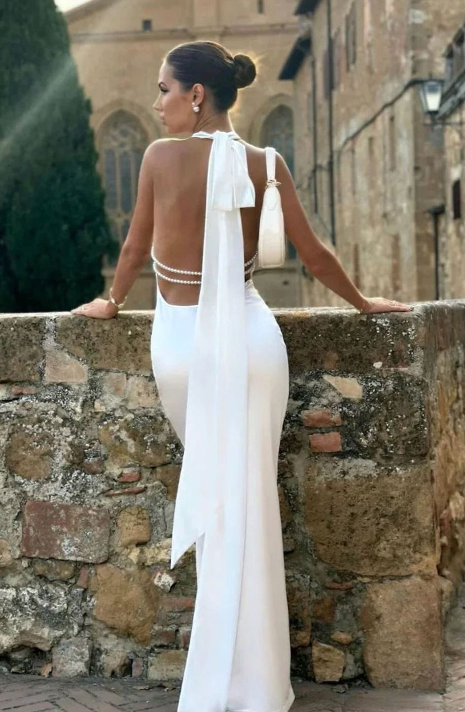 Isabella | Women's White Open-Back Pearl-Detail Halter Maxi Gown