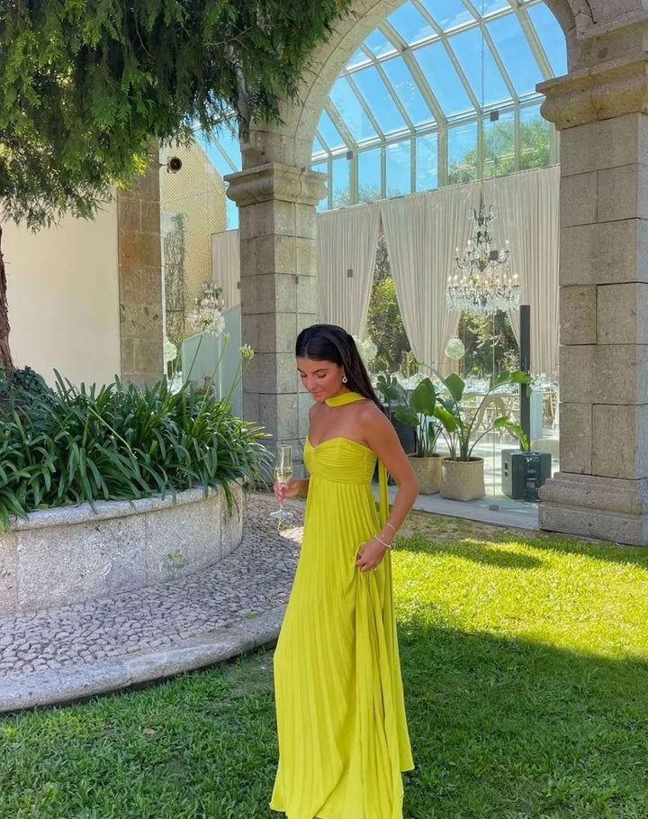 Lily | Women's Yellow Pleated Strapless Halter-Neck Maxi Dress