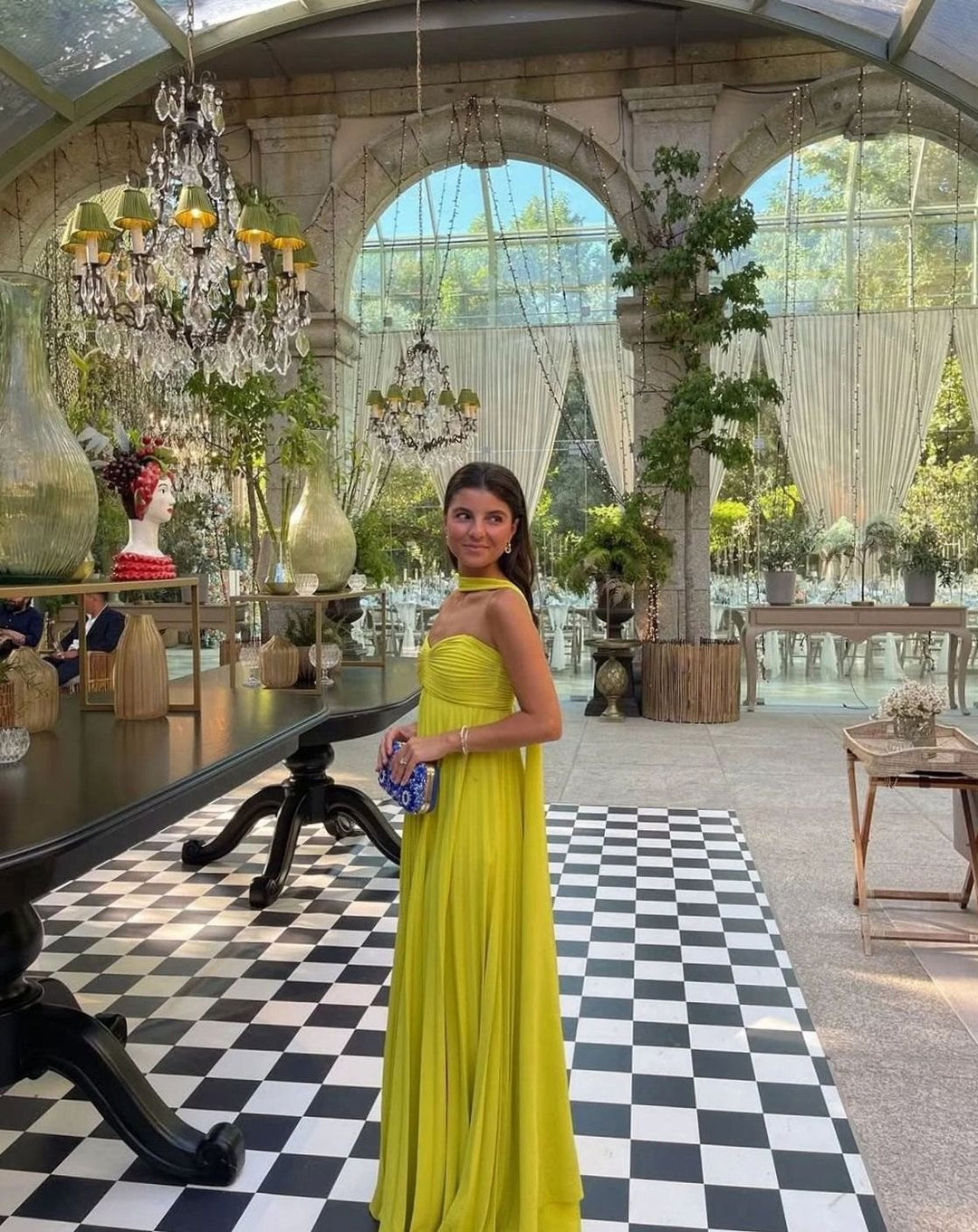 Lily | Women's Yellow Pleated Strapless Halter-Neck Maxi Dress